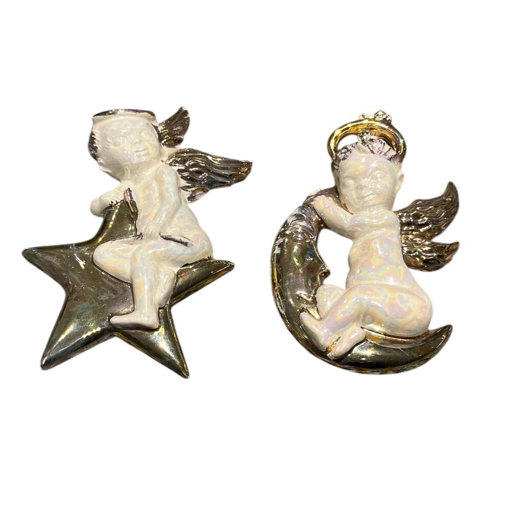 Cherubs ARNELS Vintage Ceramic Celestial Angels Wall Hanging Handmade Gold Glaze